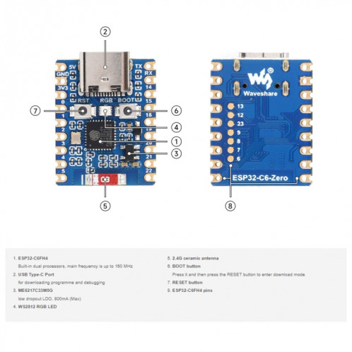 Carte de développement Waveshare ESP32-C6 Mini WiFi 6 et Bluetooth 5 à double processeur, spécifications : zéro SW47011185-09